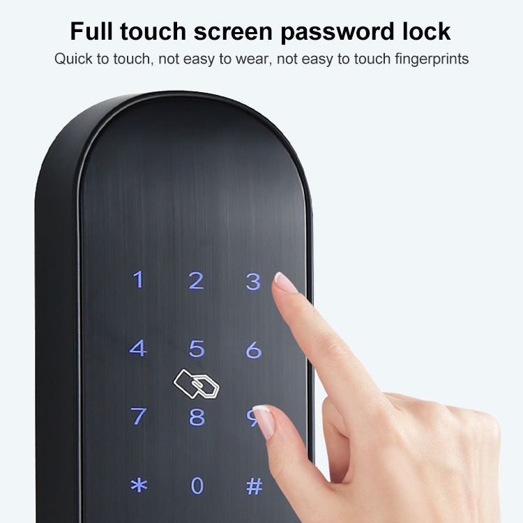Black smart keypad door lock with full-touch numeric screen and finger pressing digits