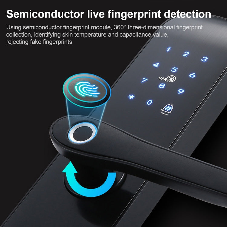 Black smart door lock with illuminated fingerprint sensor ring and touchscreen keypad