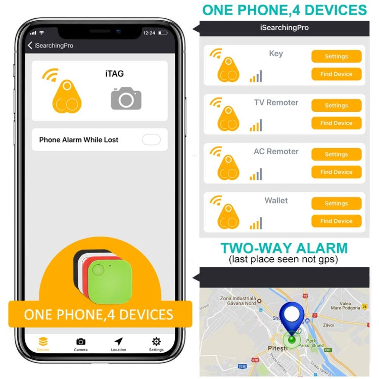 Green mini square Bluetooth key finder alarm tracker with round button, shown with phone app.