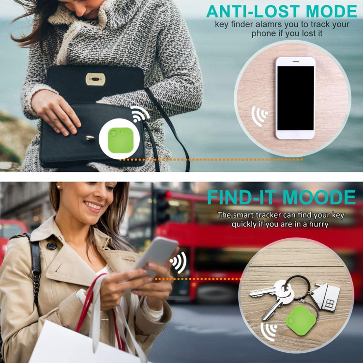 Green mini square Bluetooth key finder alarm tracker with antenna icon detail.