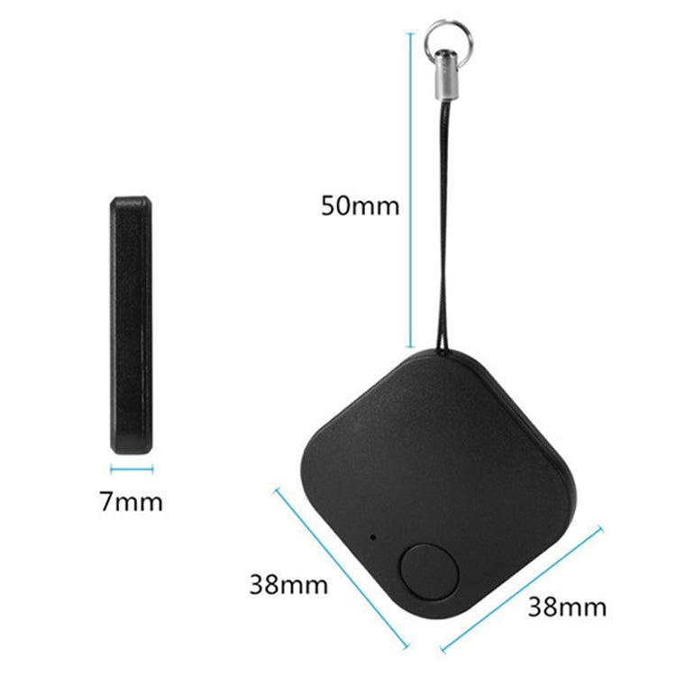 Black square Bluetooth tracker with key ring and size measurements shown.