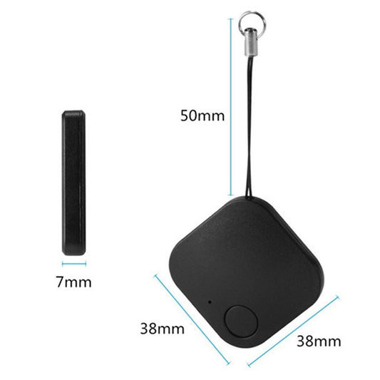 Black square Bluetooth tracker with key ring and size measurements shown.