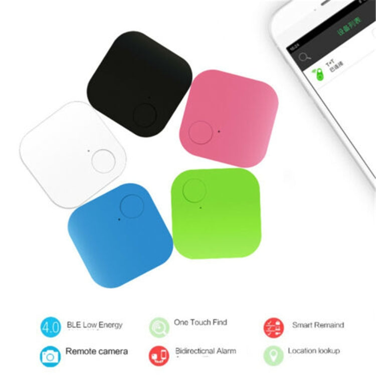 Color assortment of square Bluetooth anti-lost trackers: white, pink, green, blue.