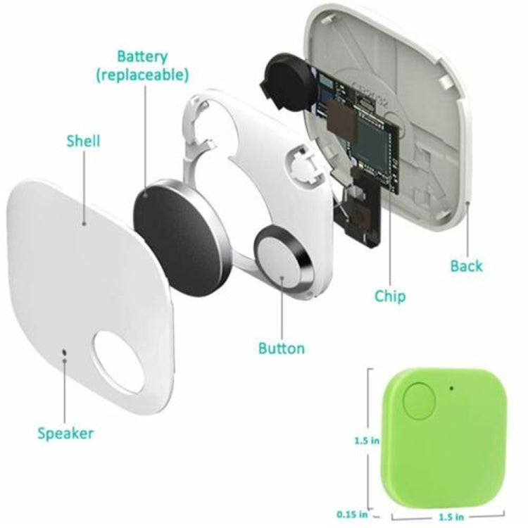 Square Bluetooth anti-lost tracker with open shell showing battery and chip.