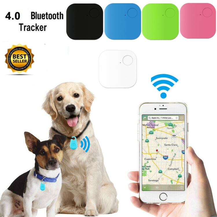 Assorted square Bluetooth trackers and keychain fob with dogs and phone app.