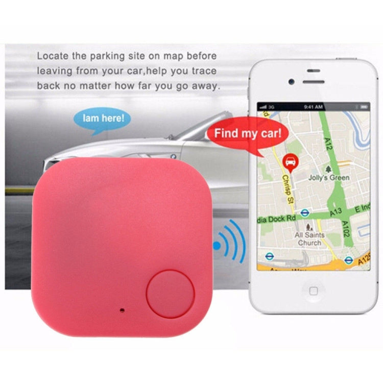 Pink/red square Bluetooth anti-lost tracker next to smartphone map screen.