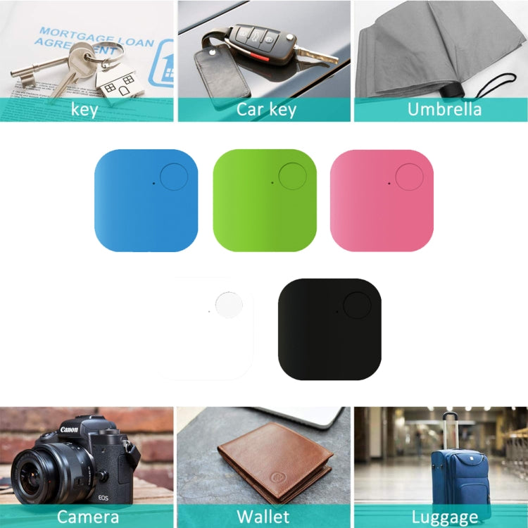Multiple square Bluetooth anti-lost trackers in blue, green, pink, black for uses.