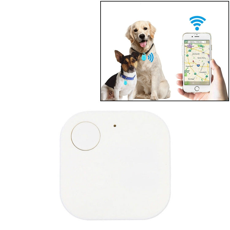 White mini square Bluetooth key finder alarm tracker with round button.