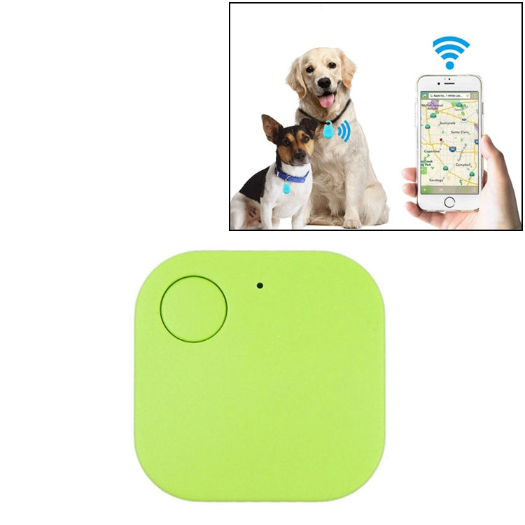 Green mini square Bluetooth key finder alarm tracker with round button.