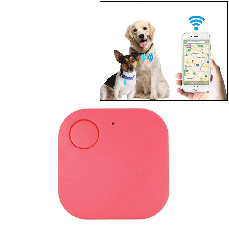 Pink mini square Bluetooth key finder alarm tracker with round button.