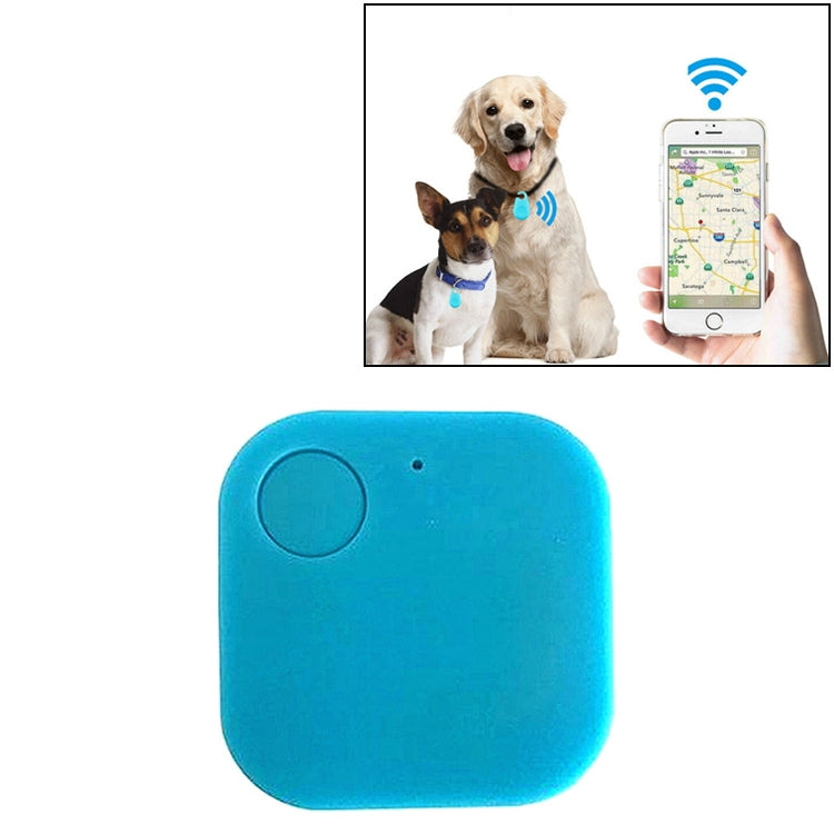 Blue mini square Bluetooth key finder alarm tracker with round button.