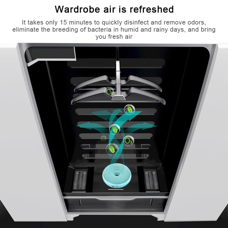 Portable air purifier unit inside an open cabinet with overhead fan vents