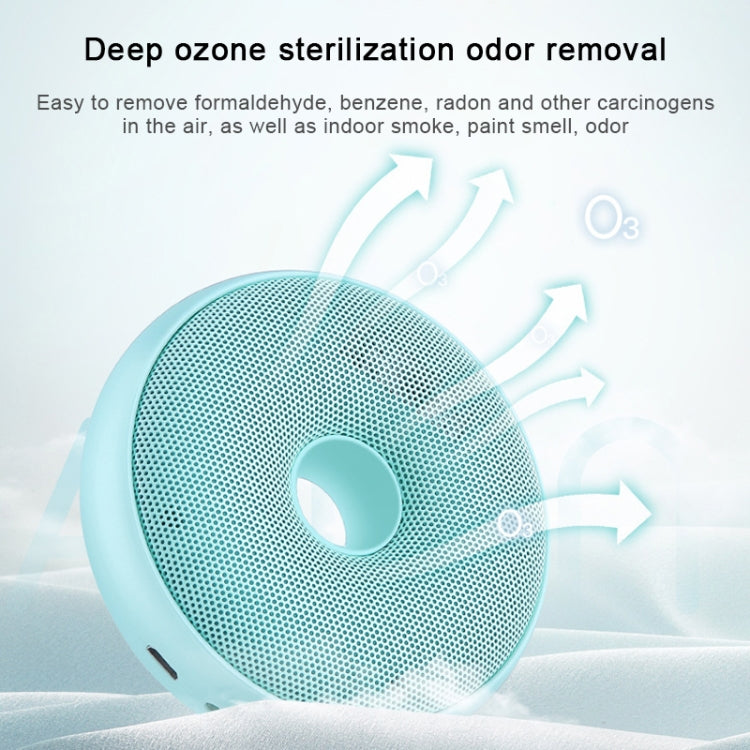Turquoise portable air purifier on bedding with circular vent in the center