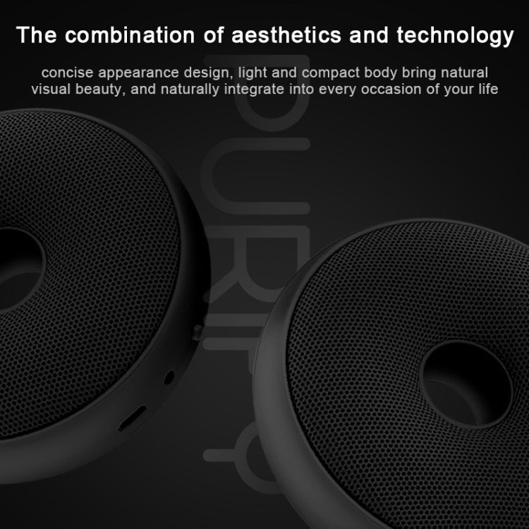 Two black portable air purifiers with round perforated grilles and center vents