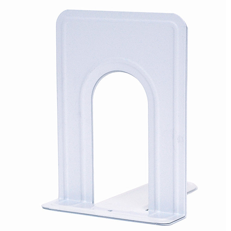 Light blue metal bookend stand with U-shaped cutout and non-slip base