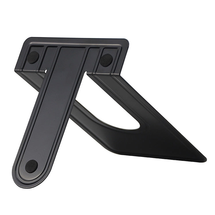 Black metal bookend stand with wide U-shaped notch and rubberized feet