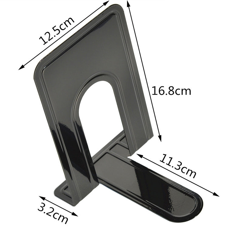 Dark gray metal bookend with U-shaped opening and flat non-slip base