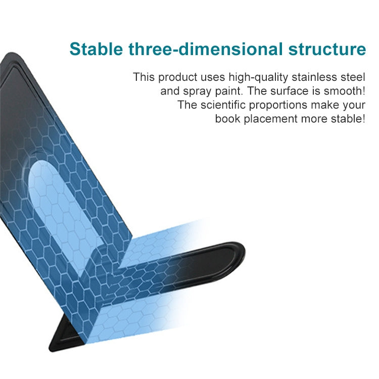 Blue metal bookend stand with curved top U-shaped opening
