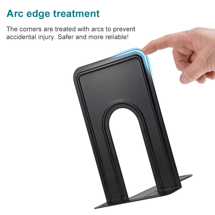 Black metal bookend stand with smooth rounded corners and U-shaped cutout