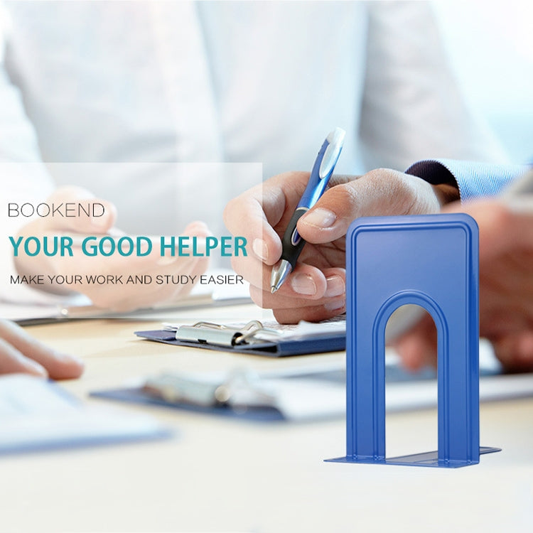 Blue metal bookend stand with U-shaped frame for desk organization