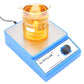 Blue magnetic stirrer with glass beaker of amber liquid and speed knob