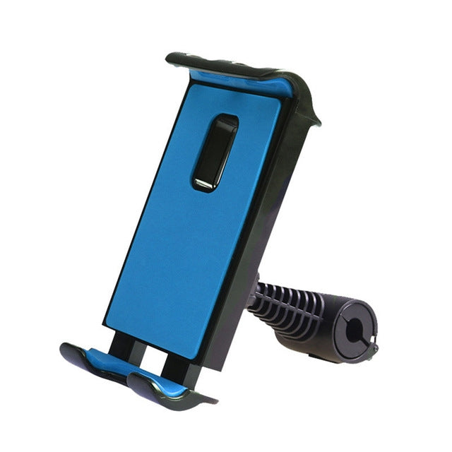 Blue car seat tablet stand holder with headrest bracket and side grip slot