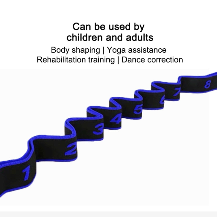 Black resistance stretch band with blue numbered segments, shown loosely folded