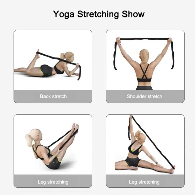 Black resistance stretch band used for yoga stretching poses, with numbered strength markers