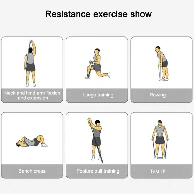 Black resistance exercise band shown in multiple strength-training positions with numbered panels