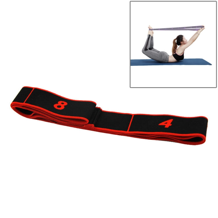 Resistance stretch band in black with orange edging and strength marks 8 and 4