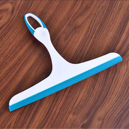 Blue and white glass window squeegee wiper with curved handle and rubber blade