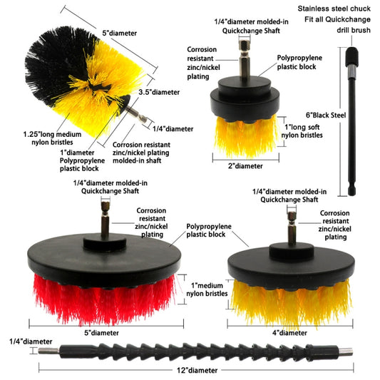 Electric drill brush pad set with yellow and red nylon brushes on black bases