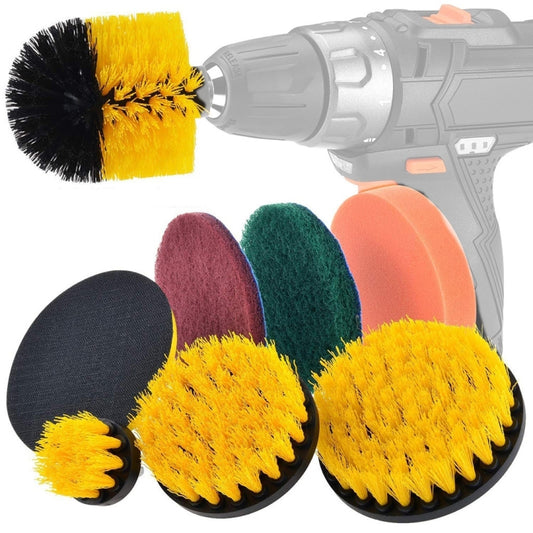 Electric drill brush pad set with yellow, black, orange, green, and maroon nylon heads