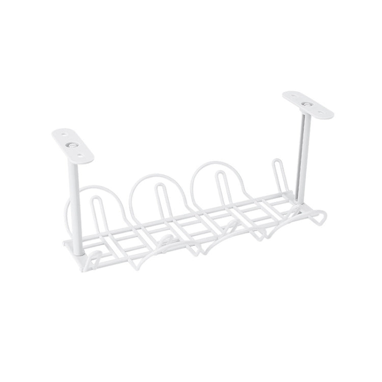 White under-table cable rack with two posts and curved hanging wire holders