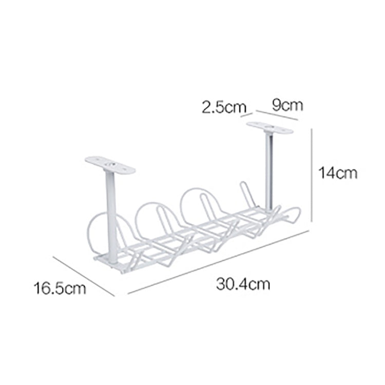White under-table cable rack with two posts and wire shelf, shown with size dimensions