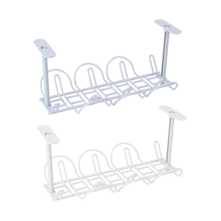 White double-tier under-table cable rack with multiple hanging wire slots