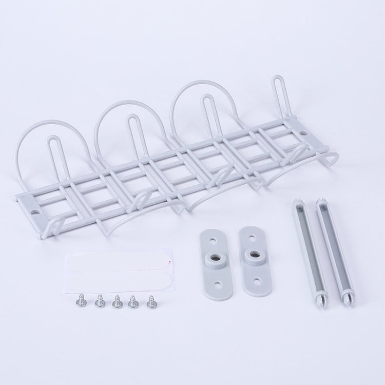 White under-table cable rack kit with mounting parts, screws, and installation hardware