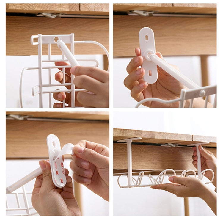 Under-table cable rack installation shown with hands attaching connectors and wiring