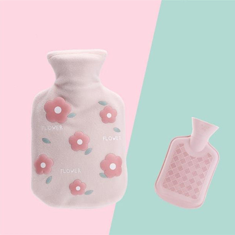 Plush hot water bottle cover in light gray with pink cartoon flower prints