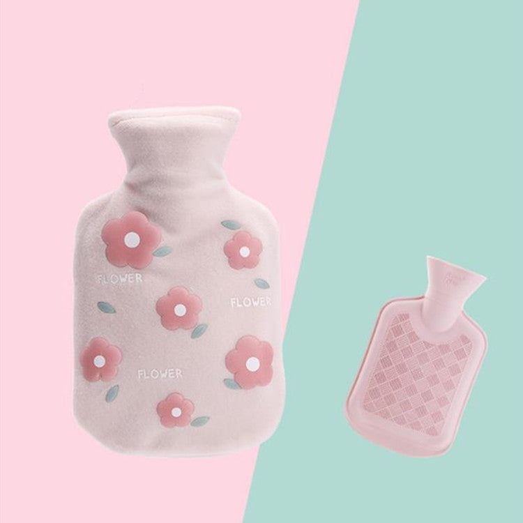 Plush hot water bottle cover in light gray with pink flower embroidery-style details