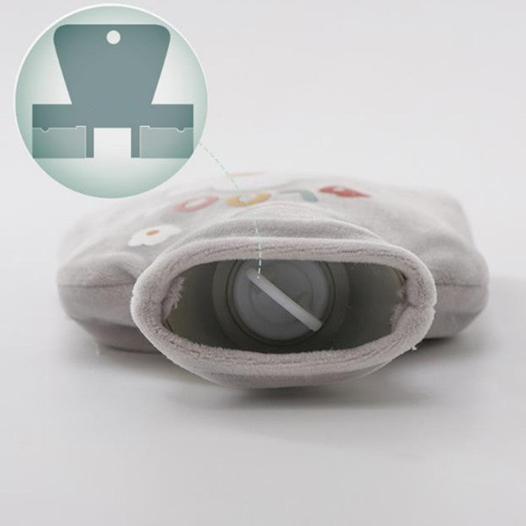 Plush hot water bottle cover in light gray with open mouth and inner valve view