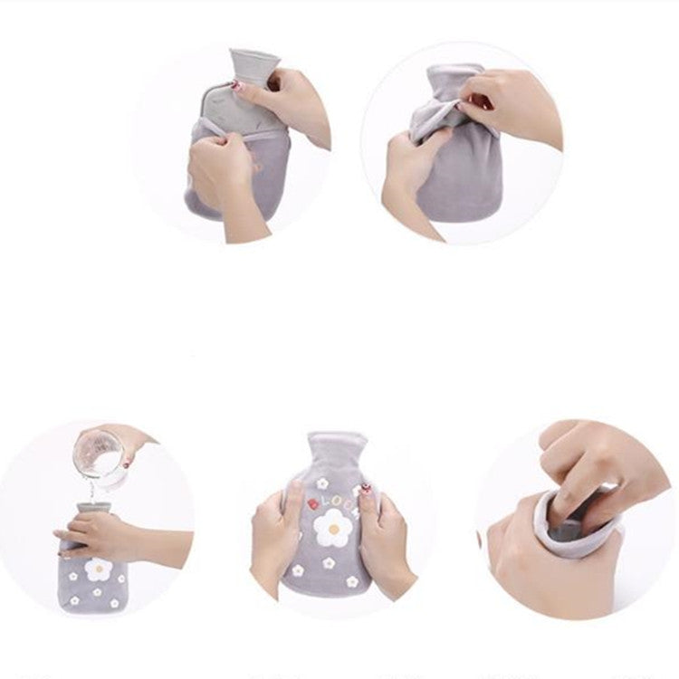 Plush hot water bottle cover shown with multiple use angles for filling and holding