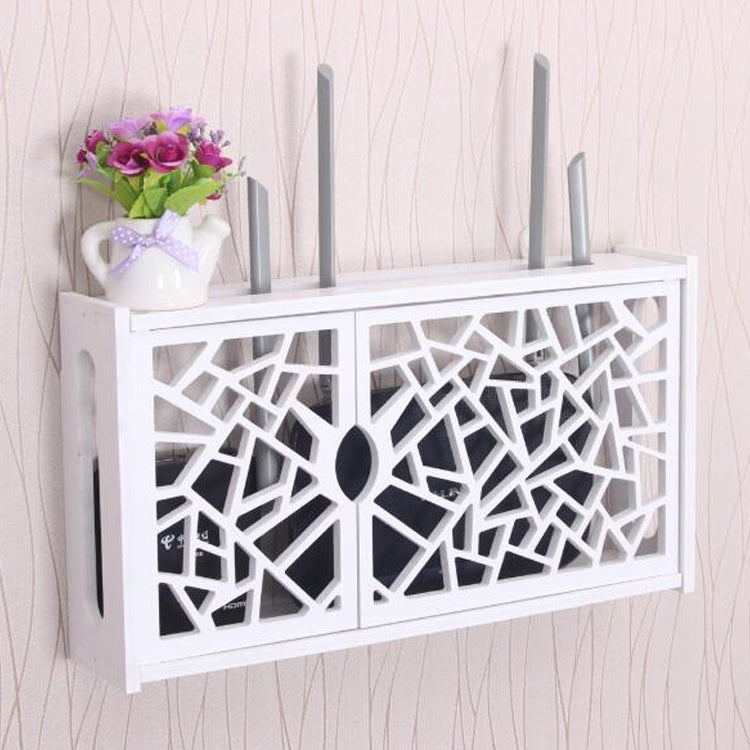 White PVC wall shelf storage box with geometric lattice front doors and vertical holders
