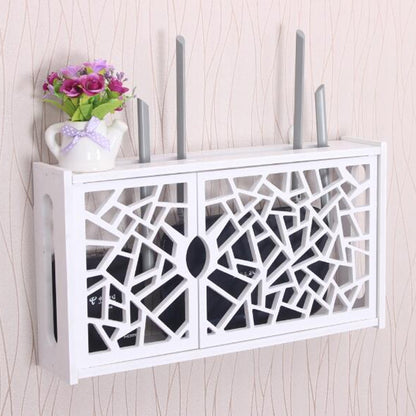White PVC wall shelf storage box with geometric lattice front doors and vertical holders