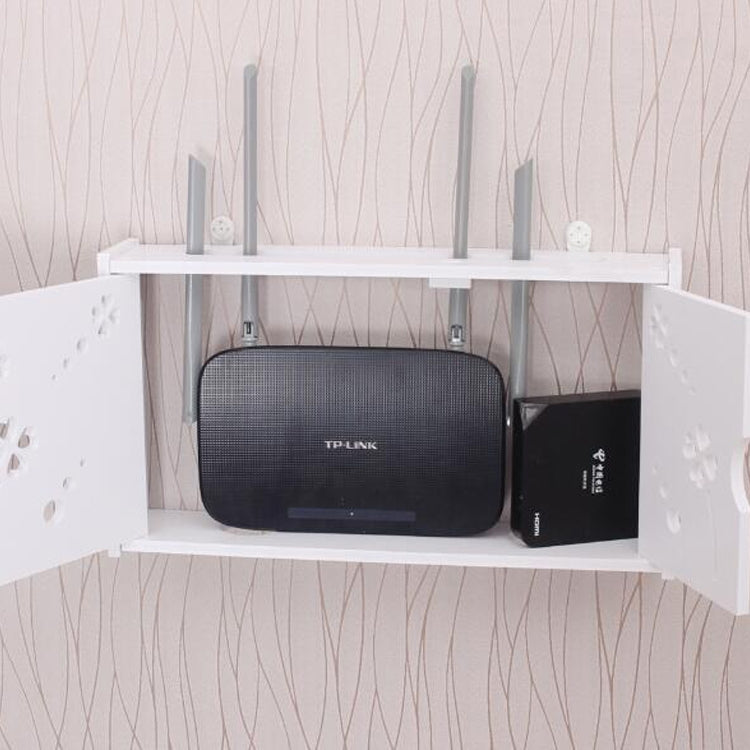 White PVC wall-mounted router shelf box with devices inside and side wall cutouts