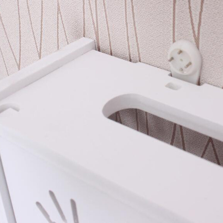White PVC wall shelf corner with rounded cable cutout and nearby power outlet