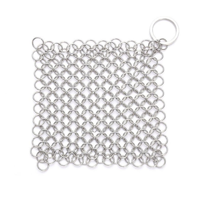 Square stainless steel scrubber net with loop ring for easy grip and storage