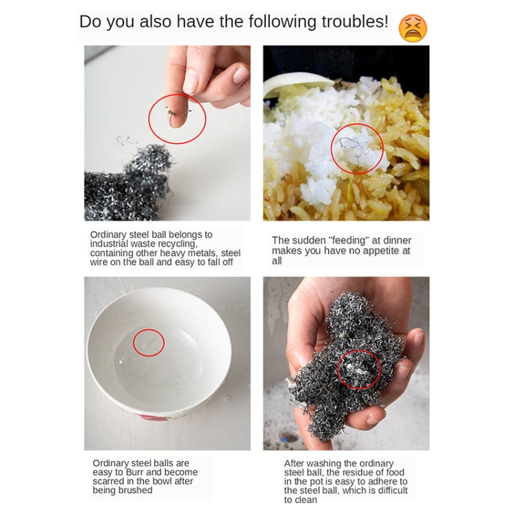Stainless steel scrubber ball shown for cleaning residue, with ring loop