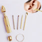 Portable ear spoon tool set including multiple tips, gold metal case, and ring