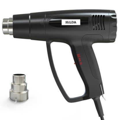 Black industrial hot air heat gun with nozzle and chrome ring adapter